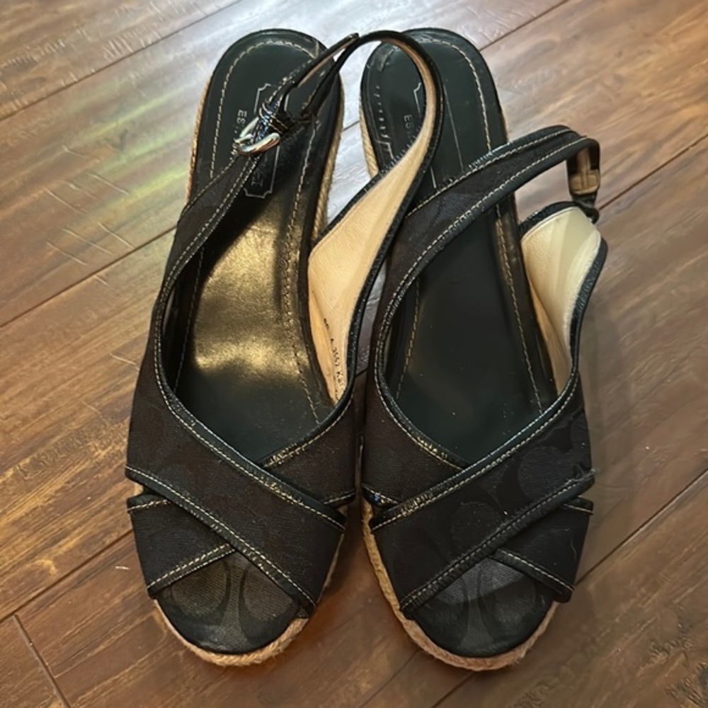 COACH Kara Black Signature C Logo Slingback Wedge Espadrilles Size 8 - Picture 2 of 8